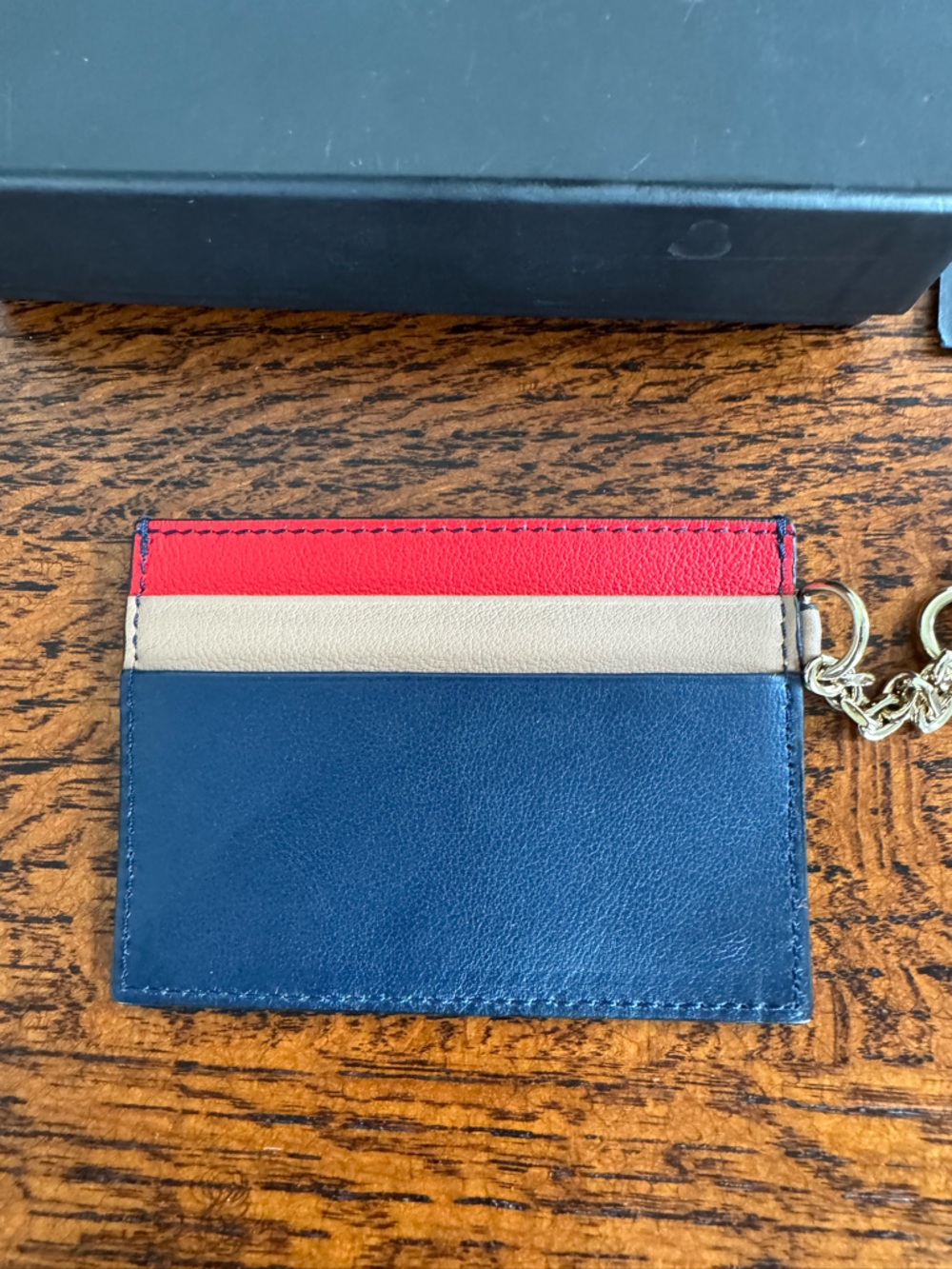 Versace Navy, Cream & Red Leather Card Holder with Key Chain - Picture 3 of 7